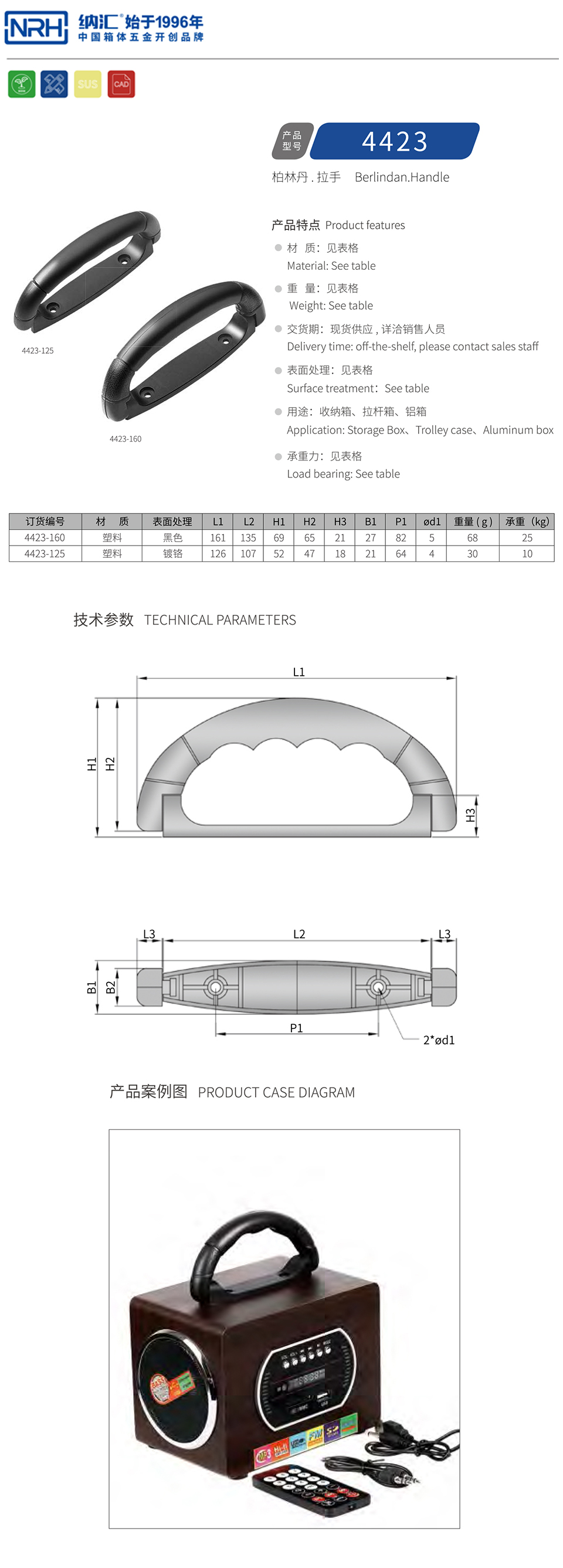 箱包塑料拉手4423-125-ABS-BK